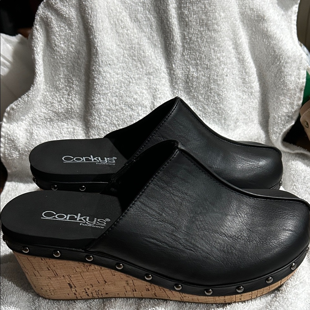 Corkys Black Leather Wedge Mules